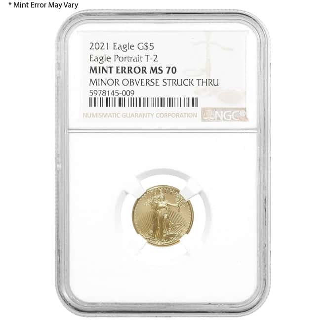 2021 1/10 oz Gold American Eagle Type 2 NGC MS 70 Mint Error (Minor Obv Struck Thru)