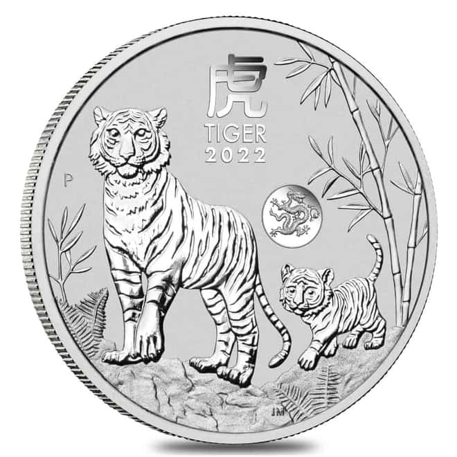 Box of 100 - 2022 1 oz Silver Lunar Year of The Tiger Dragon Privy BU Australian Perth Mint In Cap (5 Rolls, Lot of 100)