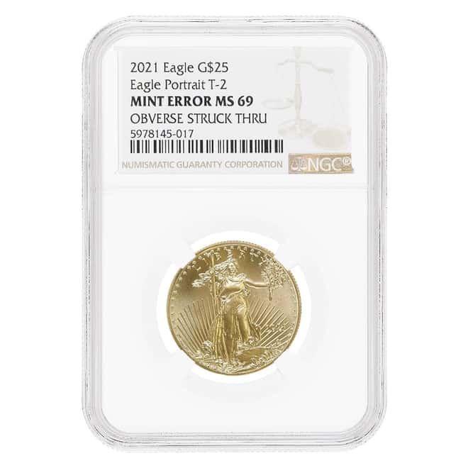 2021 1/2 oz Gold American Eagle Type 2 NGC MS 69 Mint Error (Obv Struck Thru)