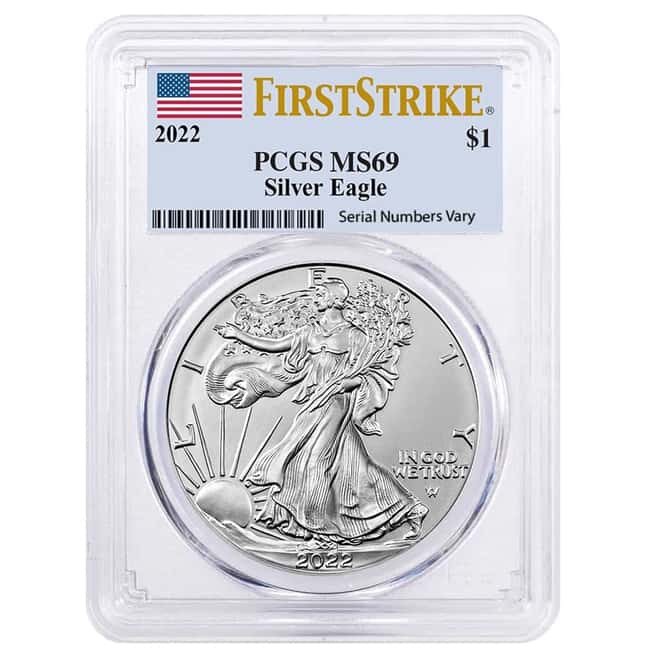 Box of 20 - 2022 1 oz Silver American Eagle $1 Coin PCGS MS 69 First Strike (Flag Label)