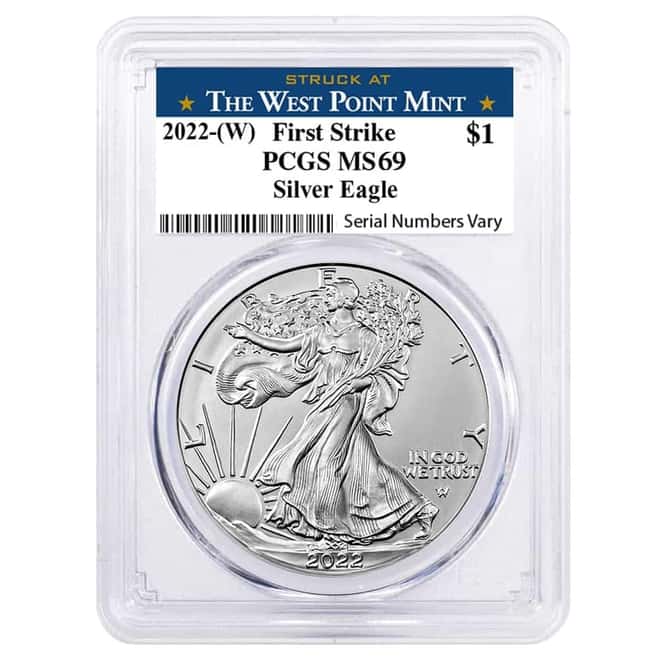 Box of 20 - 2022 (W) 1 oz Silver American Eagle $1 Coin PCGS MS 69 First Strike (West Point)