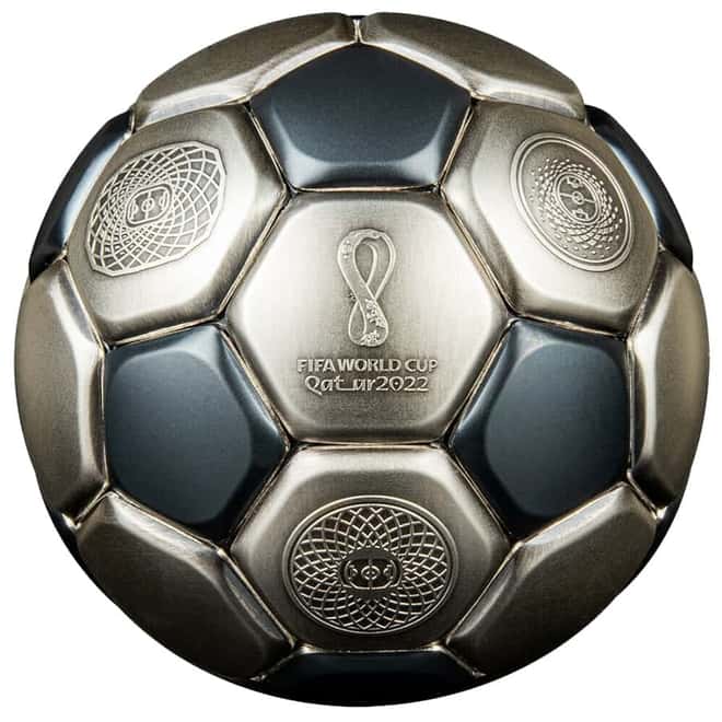 2022 3 oz Silver FIFA World Cup Qatar - Soccer Ball Spherical Coin Solomon Islands .999 Fine (w/Box & COA)