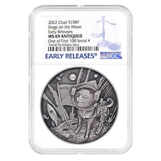 2022 Chad 2 oz Silver Doge On The Moon Antiqued High Relief Coin NGC MS 69 ER One of First 100