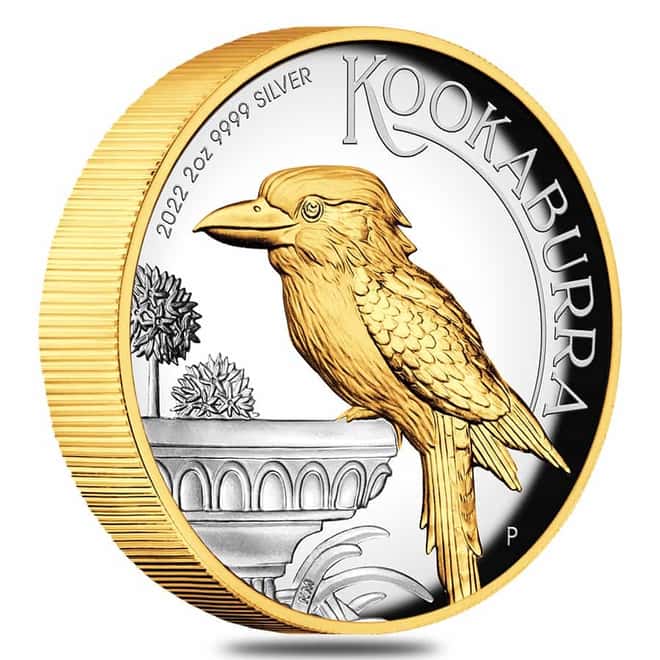 2022 2 oz Proof Silver Australian Kookaburra High Relief Gilded Coin Perth Mint .9999 Fine (w/Box & COA)