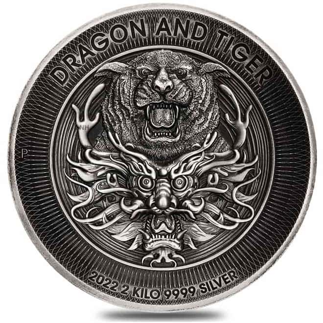 2022 2 Kilo Silver Dragon and Tiger Antiqued High Relief Coin Australian Perth Mint (w/Box & COA)