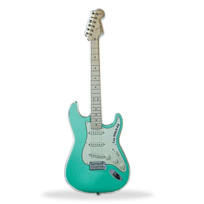 2022 1 oz Silver Fender Stratocaster Surf Green Guitar Shaped Coin Solomon Islands .9999 Fine (w/Box)