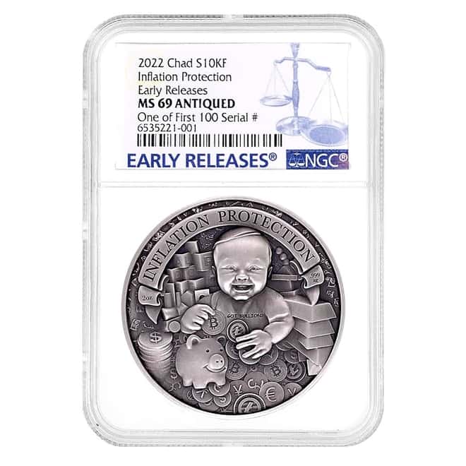 2022 Chad 2 oz Silver Inflation Protection Antiqued High Relief Coin NGC MS 69 ER One of First 100