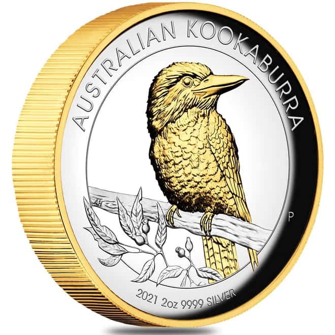 2021 2 oz Proof Silver Australian Kookaburra High Relief Gilded Coin Perth Mint .9999 Fine (w/Box & COA)