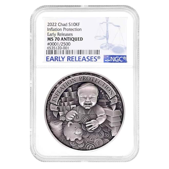 2022 Chad 2 oz Silver Inflation Protection Coin Serial #1 NGC MS 70 ER Antiqued High Relief