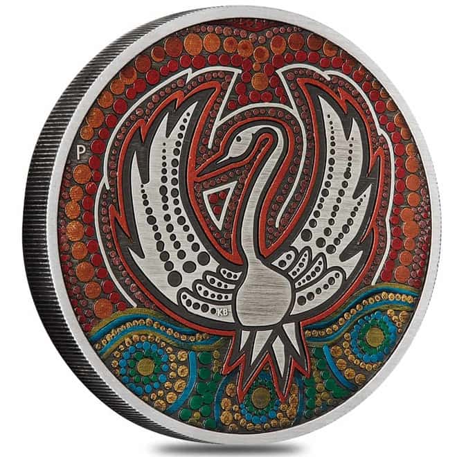 2022 2 oz Black Swan Maali Antiqued Colorized Silver Coin Australian Perth Mint (w/Box & COA)