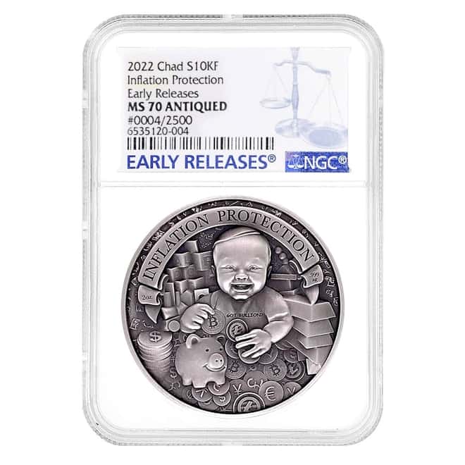 2022 Chad 2 oz Silver Inflation Protection Coin Serial #4 NGC MS 70 ER Antiqued High Relief
