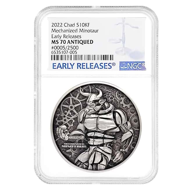 2022 Chad 2 oz Silver Mechanized Minotaur Coin Serial #5 NGC MS 70 ER Antiqued High Relief