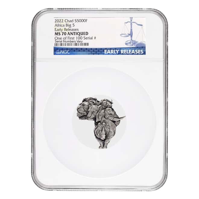 2022 Chad 1 oz Silver Big Five Africa Shaped High Relief Coin NGC MS 70 ER One of First 100