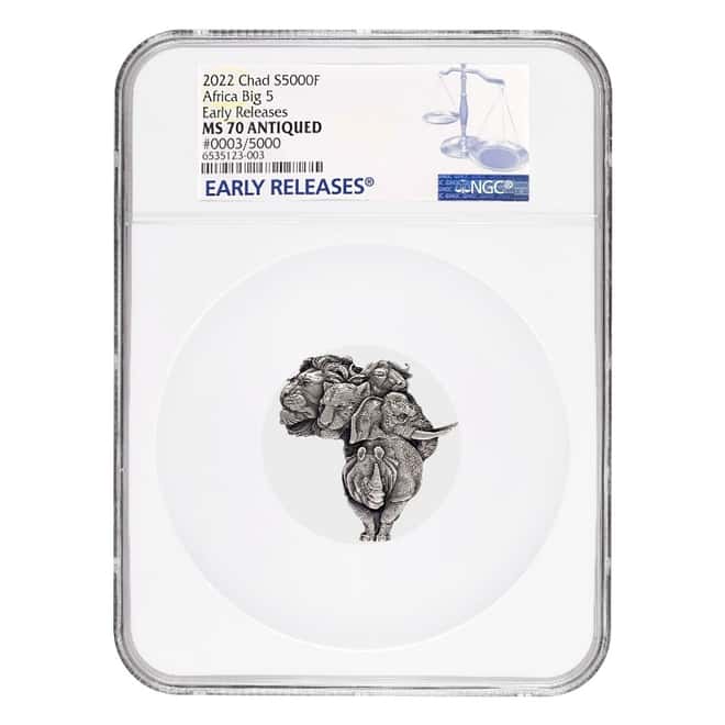 2022 Chad 1 oz Silver Big Five Africa Shaped Coin Serial #3 NGC MS 70 ER High Relief
