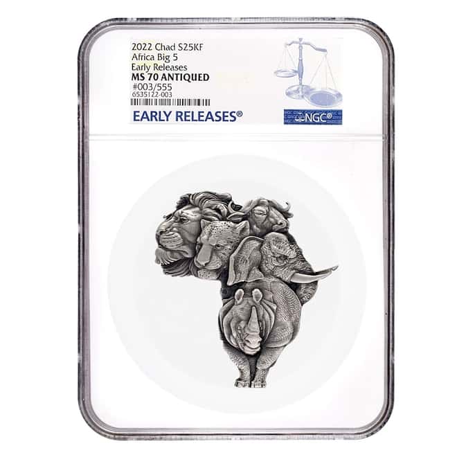 2022 Chad 5 oz Silver Big Five Africa Shaped Coin Serial #3 NGC MS 70 ER High Relief