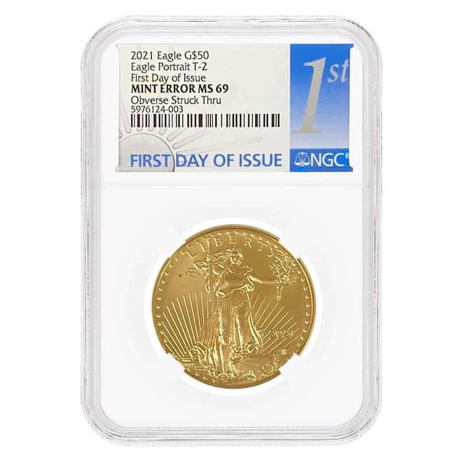 2021 1 oz Gold American Eagle Type 2 NGC MS 69 FDOI Mint Error (Obv Struck Thru)