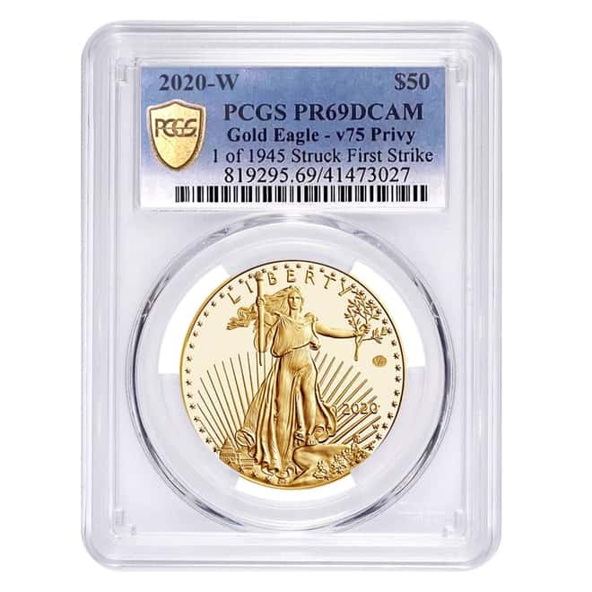 2020-W V75 Privy 1 oz Proof Gold American Eagle PCGS PF 69 FS End of WWII 75th Anniv