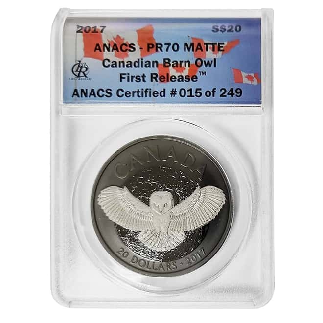 2017 1 oz Silver Canadian Barn Owl Matte Proof Coin ANACS PF 70 First Release