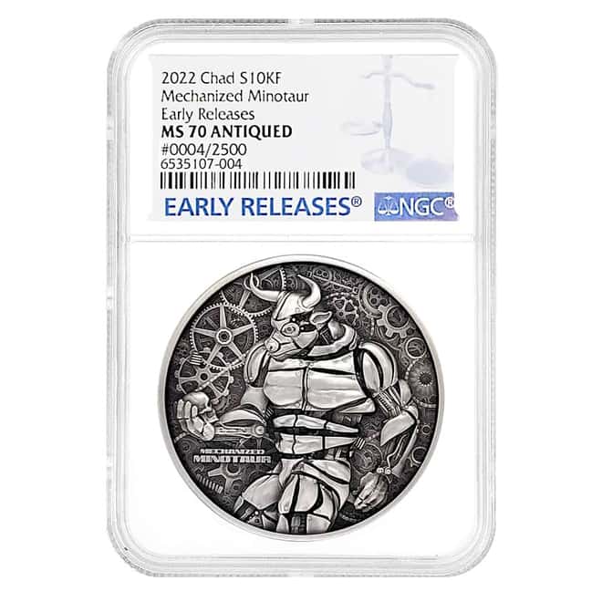 2022 Chad 2 oz Silver Mechanized Minotaur Coin Serial #4 NGC MS 70 ER Antiqued High Relief