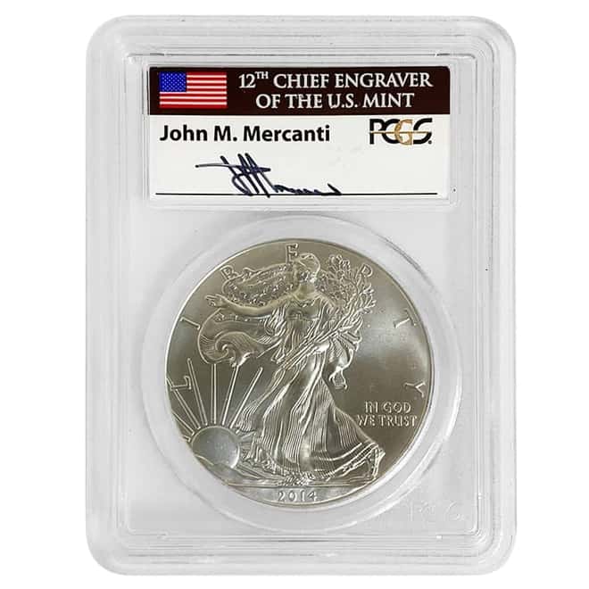 2014 1 oz Silver American Eagle $1 Coin PCGS MS 70 FS (John Mercanti Sign)