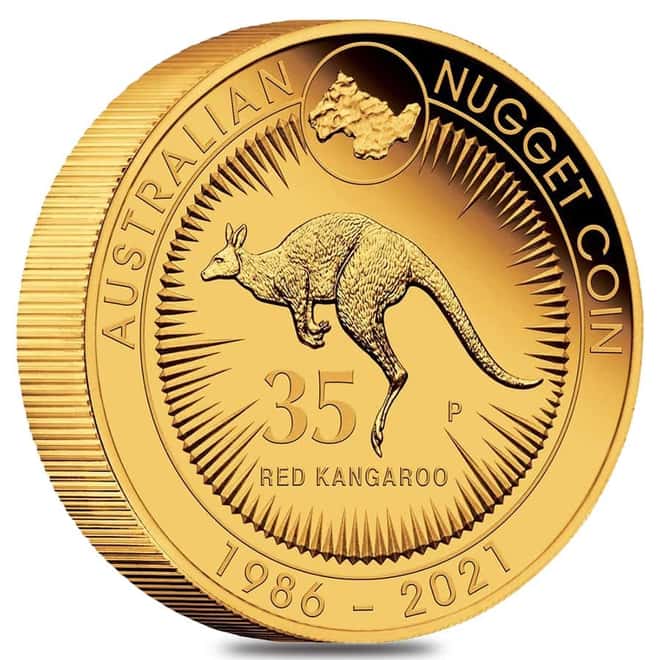 2021 5 oz Proof Gold Australian Kangaroo Nugget 35th Ann Perth Mint Coin .9999 Fine (w/Box & COA)
