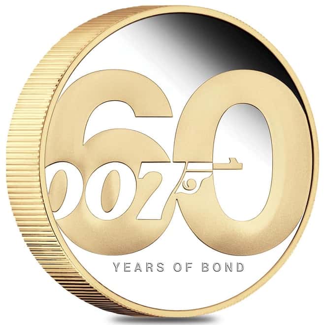 2022 2 oz Tuvalu James Bond - 60 Years of Bond Proof Gilded Silver Coin .9999 Fine (w/Box & COA)