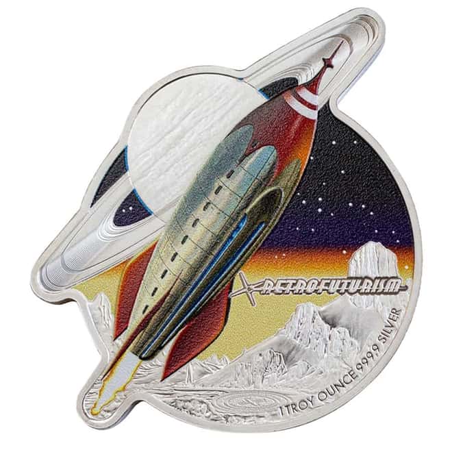 2021 Solomon Islands 1 oz Retrofuturism Rocket Shaped Silver Coin .9999 Fine (w/Box & COA)