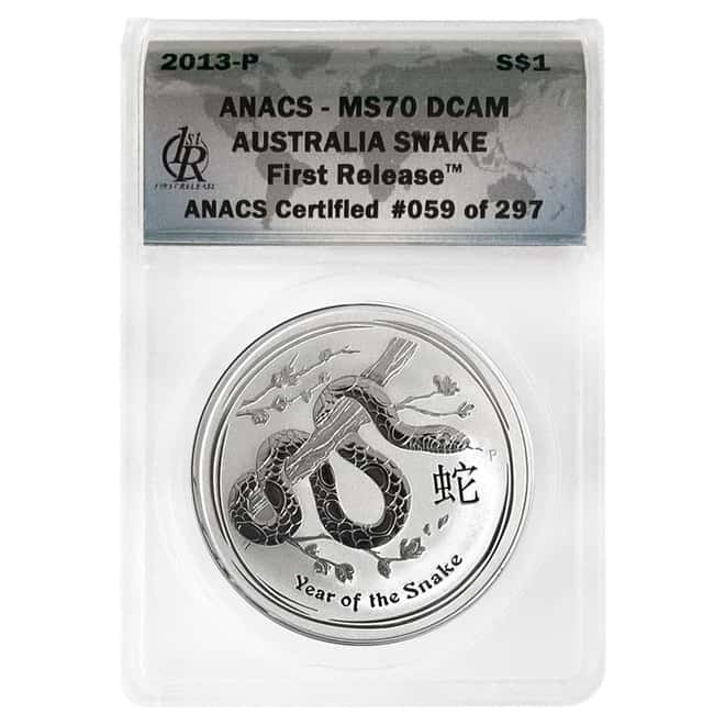 2013 1 oz Silver Lunar Year of The Snake Australian Perth Mint ANACS MS 70 FR