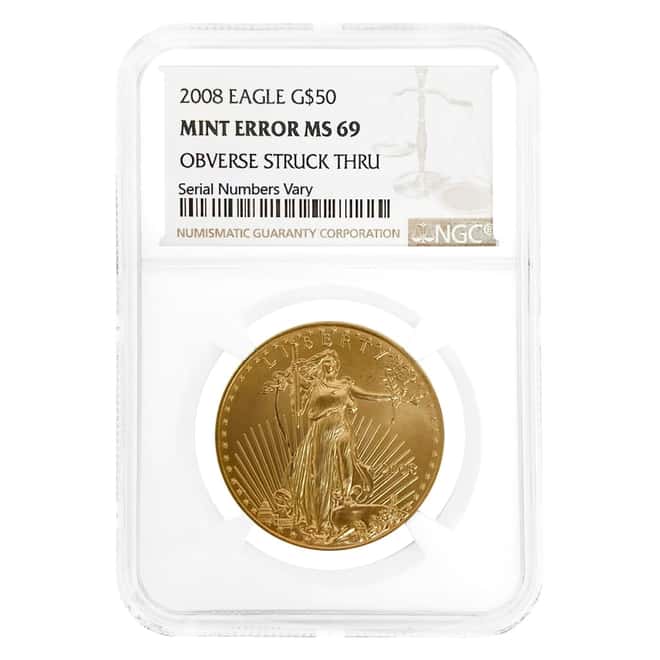 2008 1 oz $50 Gold American Eagle NGC MS 69 Mint Error (Obv Struck Thru)