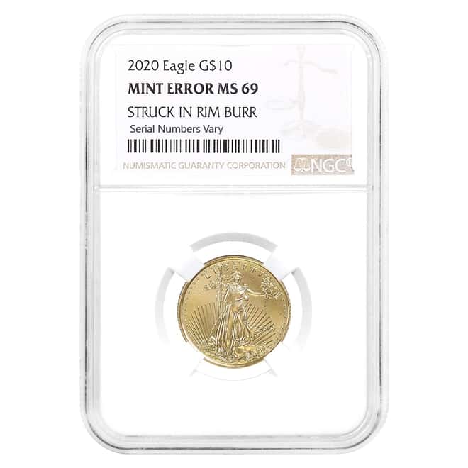 2020 1/4 oz $10 Gold American Eagle NGC MS 69 Mint Error (Struck in Rim)