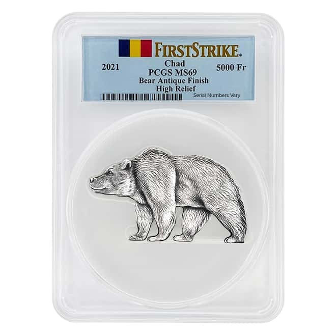 2021 Chad 1 oz Silver Bear Shaped Coin PCGS MS 69 FS Antiqued High Relief
