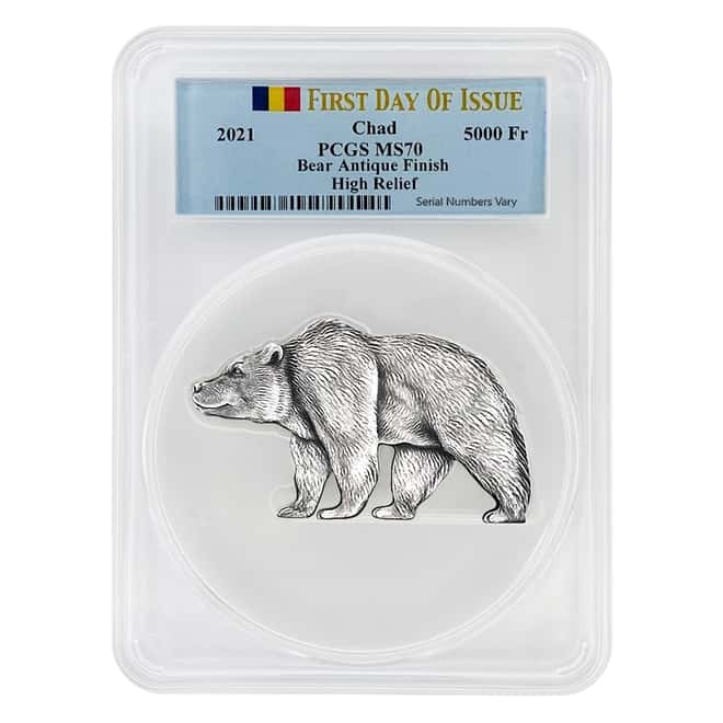 2021 Chad 1 oz Silver Bear Shaped Coin PCGS MS 70 FDOI Antiqued High Relief