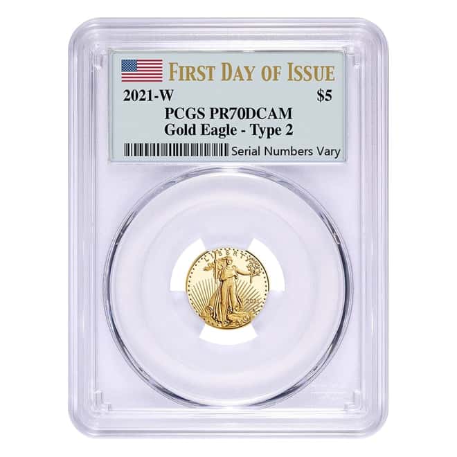 2021-W 1/10 oz $5 Proof Gold American Eagle Type 2 PCGS PF 70 FDOI DCAM
