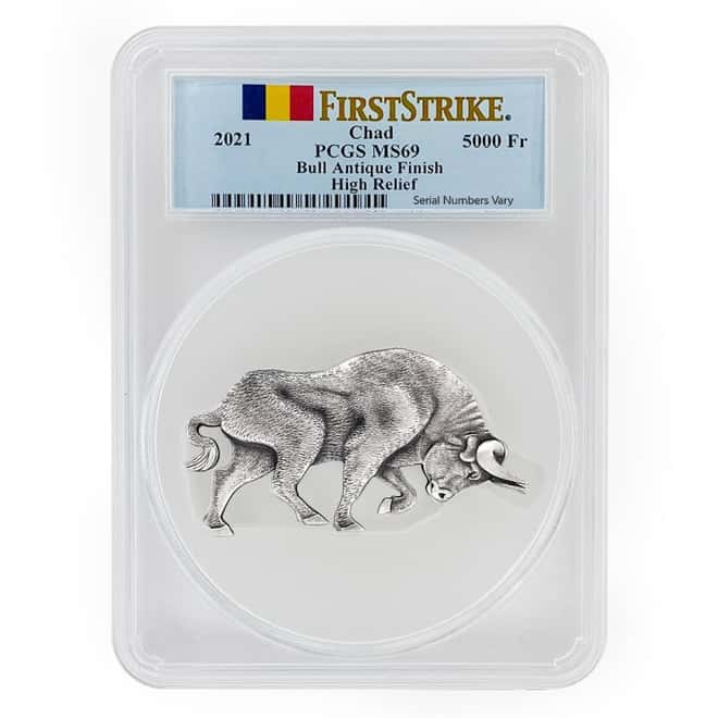 2021 Chad 1 oz Silver Bull Shaped Coin PCGS MS 69 FS Antiqued High Relief