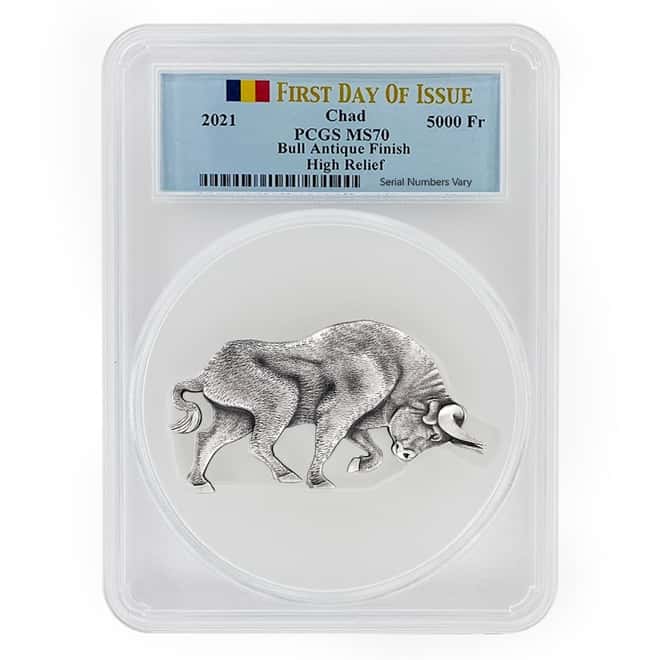 2021 Chad 1 oz Silver Bull Shaped Coin PCGS MS 70 FDOI Antiqued High Relief