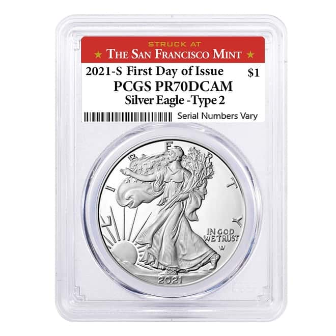 2021-S 1 oz Proof Silver American Eagle Type 2 PCGS PF 70 FDOI (SF Label)