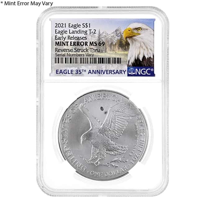 2021 1 oz Silver American Eagle Type 2 NGC MS 69 ER Eagle Label Mint Error (Obv Struck Thru)