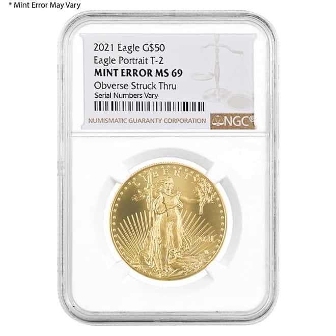 2021 1 oz Gold American Eagle Type 2 NGC MS 69 Mint Error (Obv Struck Thru)