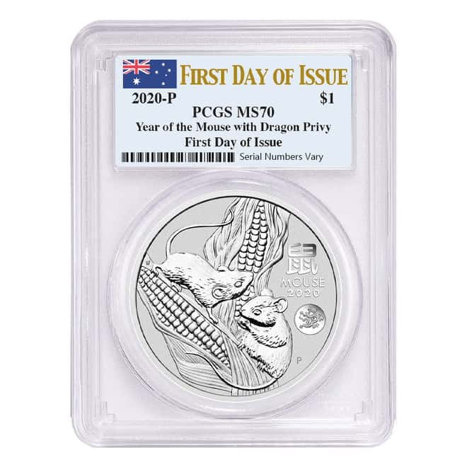 2020 1 oz Silver Lunar Year of The Mouse / Rat Dragon Privy Australian Perth Mint PCGS MS 70 FDOI