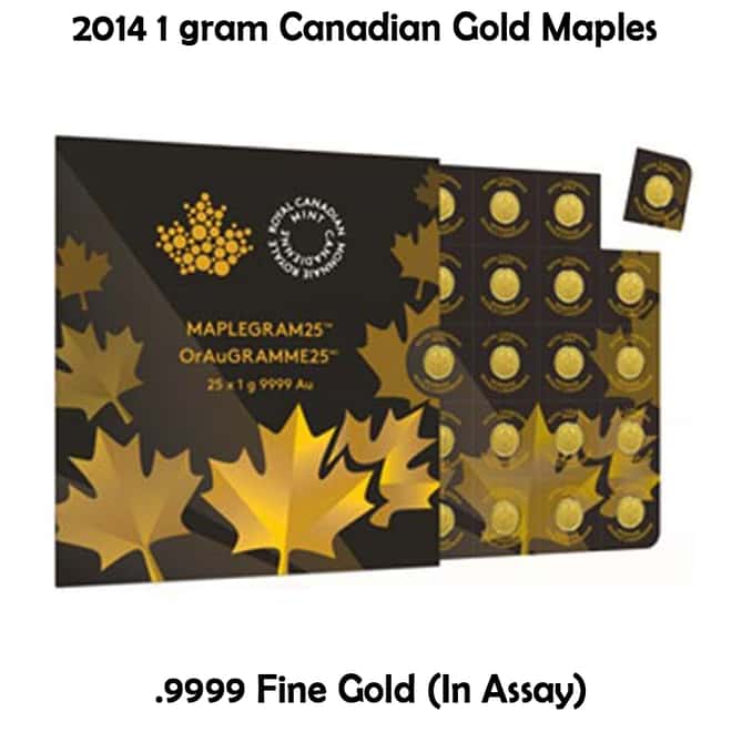 2014 25 x 1 gram Canadian Gold Maples .9999 Fine
