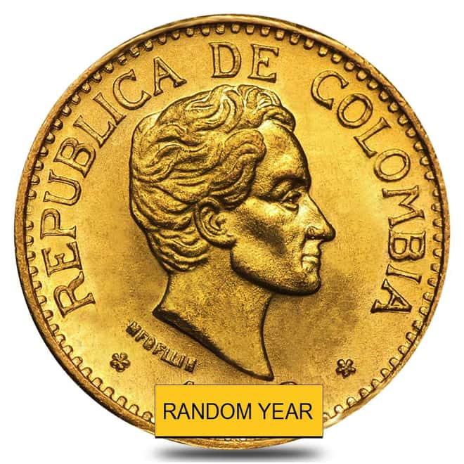 Colombia 5 Pesos Gold Coin Avg Circ AGW 0.2355 oz (1913-1930, Random Year)