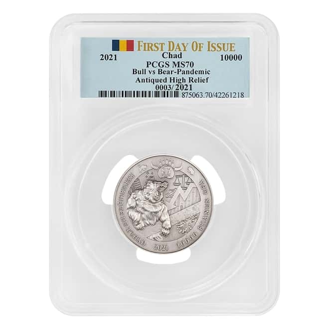 2021 Chad 2 oz Silver Bull vs Bear Pandemic Serial #3 PCGS MS 70 FDOI Antiqued High Relief