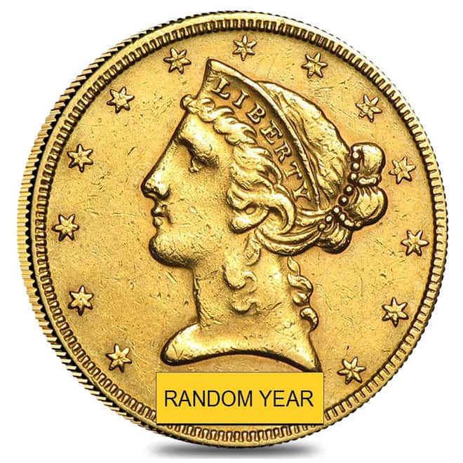 $5 Gold Half Eagle Liberty Head - Very Fine VF (Random Year)