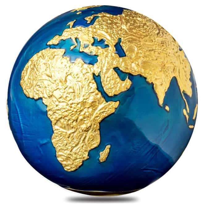 2021 3 oz Silver 24K Gold Plating Blue Marble Planet Earth Spherical Coin Barbados .999 Fine (w/Box & COA)