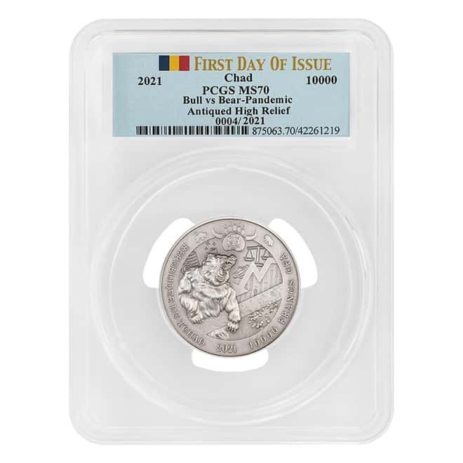 2021 Chad 2 oz Silver Bull vs Bear Pandemic Serial #4 PCGS MS 70 FDOI Antiqued High Relief