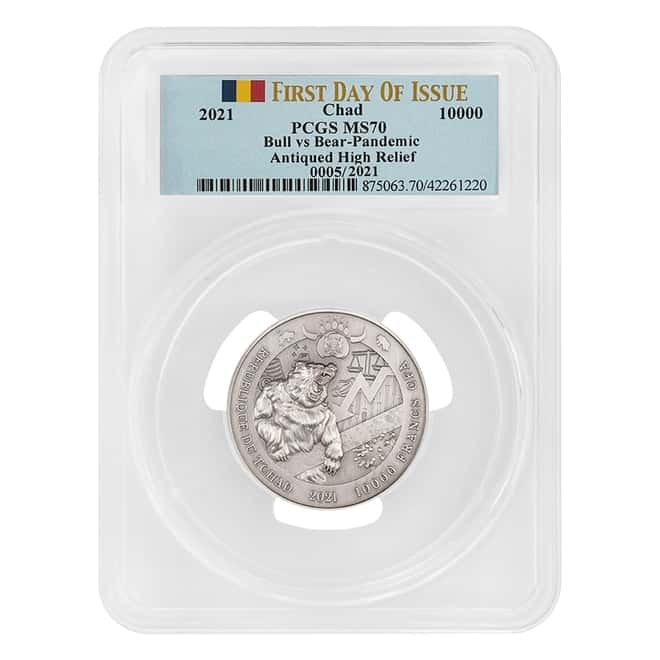 2021 Chad 2 oz Silver Bull vs Bear Pandemic Serial #5 PCGS MS 70 FDOI Antiqued High Relief