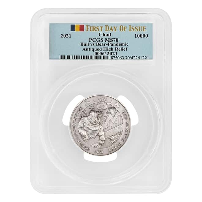 2021 Chad 2 oz Silver Bull vs Bear Pandemic Serial #6 PCGS MS 70 FDOI Antiqued High Relief
