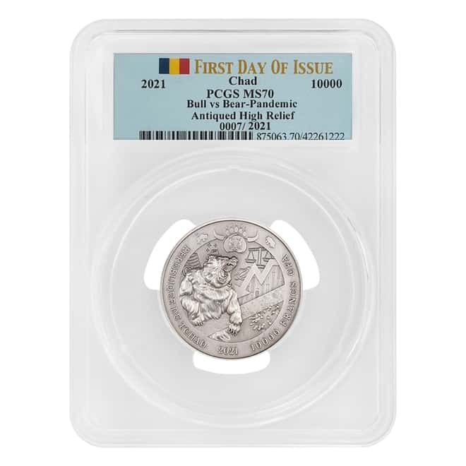 2021 Chad 2 oz Silver Bull vs Bear Pandemic Serial #7 PCGS MS 70 FDOI Antiqued High Relief