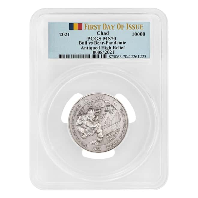 2021 Chad 2 oz Silver Bull vs Bear Pandemic Serial #8 PCGS MS 70 FDOI Antiqued High Relief