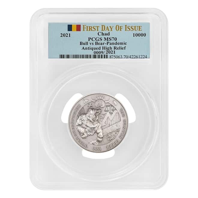 2021 Chad 2 oz Silver Bull vs Bear Pandemic Serial #9 PCGS MS 70 FDOI Antiqued High Relief